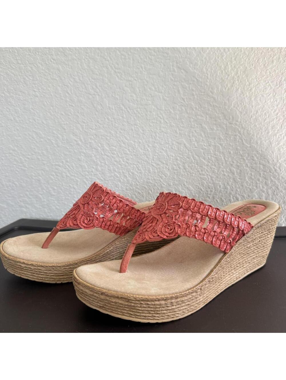 Sbicca Leather Sole Woven Raffia Coral Wedge Sandals, Size 10